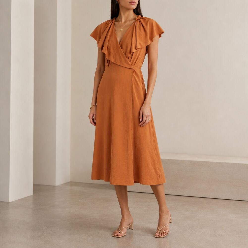 Vince Wrap-Effect Ruffled Woven Midi Dress Womens M Orange Flutter Sleeve V-neck